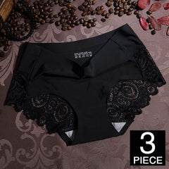 Women Ice Silk Panties Seamless Briefs Set Sexy Lace Underwear Low Waist Patchwork Lingerie Underpants 3pcs/lot #F