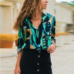 Women Leisure Blouses Long Sleeve Turn Down Collar Office Shirt Geometric Print Blouse Loose Casual Tops Plus Size Chemise Femme