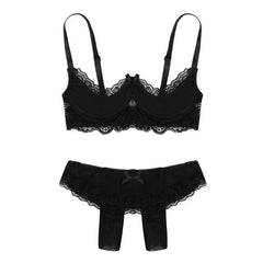 Women Micro Bikini Lace Lingerie Set Sissy Erotic Underwear 1/4 Cup Unlined Shelf Bra with Open Crotch Briefs Hot Exotic Apparel