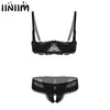 Image of Women Micro Bikini Lace Lingerie Set Sissy Erotic Underwear 1/4 Cup Unlined Shelf Bra with Open Crotch Briefs Hot Exotic Apparel