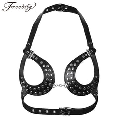 Women PU Leather Classic Black Open Cup Adjustable Wetlook Sexy Body Chain Harness Bra Belt with Buckles and Rivets