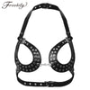 Image of Women PU Leather Classic Black Open Cup Adjustable Wetlook Sexy Body Chain Harness Bra Belt with Buckles and Rivets