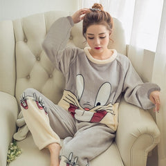 Women Pajama Sets 2019 Autumn winter Flannel Cartoon Warm Pyjamas Women Homewear Animal Sleepwear Cat female pajama