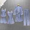 Image of Women Pajamas 5 Pieces Satin Sleepwear Pijama Silk Home Wear Home Clothing Embroidery Sleep Lounge Pyjama with Chest Pads