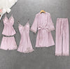 Image of Women Pajamas 5 Pieces Satin Sleepwear Pijama Silk Home Wear Home Clothing Embroidery Sleep Lounge Pyjama with Chest Pads