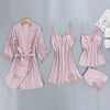 Image of Women Pajamas 5 Pieces Satin Sleepwear Pijama Silk Home Wear Home Clothing Embroidery Sleep Lounge Pyjama with Chest Pads