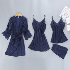 Women Pajamas 5 Pieces Satin Sleepwear Pijama Silk Home Wear Home Clothing Embroidery Sleep Lounge Pyjama with Chest Pads