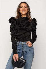 Women Satin Blouses 2019 Fashion High Neck Long Puff Sleeve Black Elegant Blouse Shirt Office Lady Classic Blusas Chemise Femme