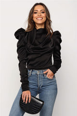 Women Satin Blouses 2019 Fashion High Neck Long Puff Sleeve Black Elegant Blouse Shirt Office Lady Classic Blusas Chemise Femme