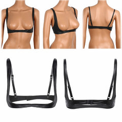 Women Sexy Brs Lingerie Fashion Faux Leather Bra Tops Adjustable Wire-free Open Cup Bra Tops Shelf Bra Exposed Breasts Nipples