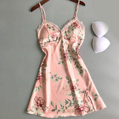 Women Sexy Lingerie Satin Sleepwear Summer Nightdress Lace Nightgown Floral Print Silk Homewear Female Chest Pad Nightwear