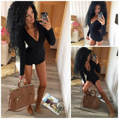 Women Sexy V Neck Cotton Bodysuit Long Sleeve Autumn Clothing Clubwear Slim Fit Short Knitted Bodycon Bandage Jumpsuit Playsuit
