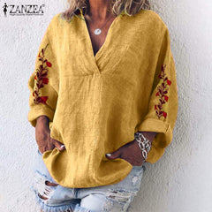 Women V Neck Long Sleeve Blouse Floral Embroidery Tops ZANZEA Autumn Cotton Linen Shirt Femme Robe Work Blusas Chemise Mujer 7