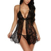 Image of Women's Black Sexy Lingerie Set Fashion Bow Lace Trim Perspective Ultra Thin Cardigan Nightdress Panties Two Pieces Set