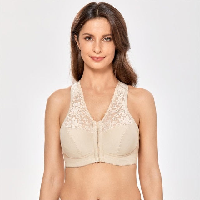 Women's Full Coverage Wirefree Plus Size Front Closure Sheer Lace Bra Racerback