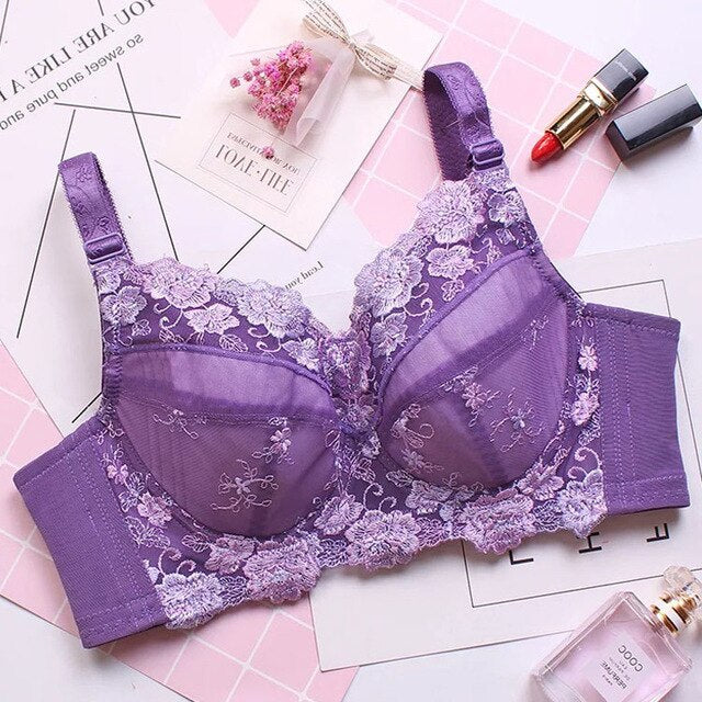 Women's Full coverage Underwired Non Padding Sheer Floral Lace Breathable Balconette Bra Plus Size 34 36 38 40 42 44 46 48 B-H