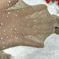 Women's Sexy Fishnet Stockings Open Crotch Mesh Tights Shiny Rhinestone Nylons Stockings Black Erotic Lingerie Collant