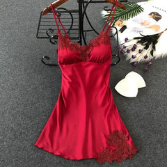 Women's Sexy Lingerie Silk Nightgown Summer Dress Lace Night Dress Sleepwear Babydoll Nightie Satin Homewear Chest Pad Nightwear