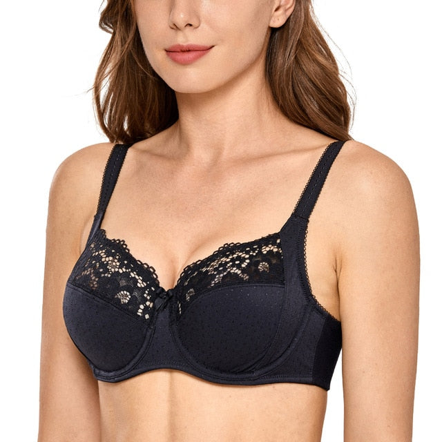 Women's Sheer Lace Non Padded Full Coverage Underwire Support Plus Size Minimizer Bra