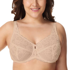 Women's Sheer Lace Unlined Minimizer Underwire Full Figure Bra 34-44 DD E F G H