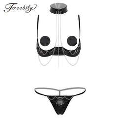 Womens Erotic Lingerie Set Sexy Clubwear Open Cups Bare Exposed Breasts Nipples Underwire Shelf Bra with G-string Nipple Covers