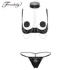 Image of Womens Erotic Lingerie Set Sexy Clubwear Open Cups Bare Exposed Breasts Nipples Underwire Shelf Bra with G-string Nipple Covers