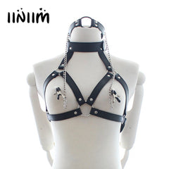Womens Faux Leather Collar Bra + Ring Open Mouth Gag Nipple Clamps Bondage Night Party Exotic Apparel Bras for Adult