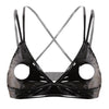 Image of Womens Latex Bra Top with Open Cup Wetlook Leather Triangle Cups Bra Nipple Hollow Out Cross Straps Lingerie Bralette Bra Top