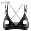 Image of Womens Latex Bra Top with Open Cup Wetlook Leather Triangle Cups Bra Nipple Hollow Out Cross Straps Lingerie Bralette Bra Top