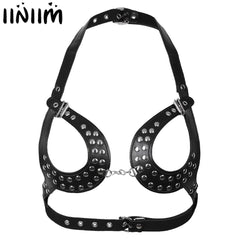 Womens Lingerie Dance Costumes Open Cup Bras PU Leather Body Chain Harness Bra Belt with Buckles Rivets Clubwear Evening Parties
