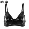 Image of Womens Lingerie Spaghetti Straps Bra Open Hole Sissy Lingerie Sexy Cup Faux Leather Valentine Date with Nipple Splits Bra Top