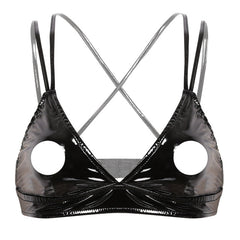 Womens Lingerie Wet Look Leather Push Up Bra Triangle Open Nipples Bralette Sissy Erotic Latex Bustier Wire-free Unlined Bra Top