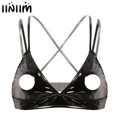 Womens Lingerie Wet Look Leather Push Up Bra Triangle Open Nipples Bralette Sissy Erotic Latex Bustier Wire-free Unlined Bra Top