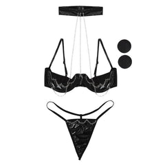 Womens Sex Shop Micro Bikini Lingerie Erotic Halter Open Cups Shelf Bra Set+Tangas&Nipple Covers Lenceria Sexy Stripper Costumes