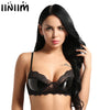 Image of Womens Sexy Clubwear Black Soft Adjustable Spaghetti Straps Lingerie Exotic Nightwear Lace Faux Leather Wire-free Unlined Bra