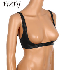 YiZYiF Sexy Women's Exposed Breasts Nipples Bra Lingerie Fashion Faux Leather Adjustable Wire-free Open Cup Shelf Bra