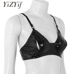 YiZYiF Sexy Womens Exposed Breasts Nipples Bra Black Sexy Lingerie Faux Leather Vintage Style Nipple Splits Bra Top For Women
