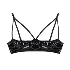 YiZYiF Women Shiny Stretch Bra Sheer Exposed Nipples Bra Open Cup Bra Sexy Lingerie Faux Leather Wire-free Unlined Bra For Women