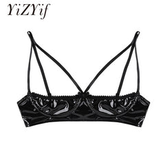 YiZYiF Women Shiny Stretch Bra Sheer Exposed Nipples Bra Open Cup Bra Sexy Lingerie Faux Leather Wire-free Unlined Bra For Women