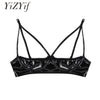 Image of YiZYiF Women Shiny Stretch Bra Sheer Exposed Nipples Bra Open Cup Bra Sexy Lingerie Faux Leather Wire-free Unlined Bra For Women