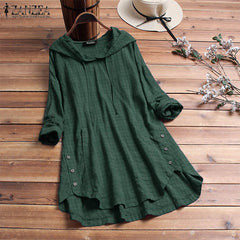 ZANZEA 2019 Autumn Plaid Checked Hoodies Blouse Women Long Sleeve Shirt Casual Linen Tunic Tops Hooded Blusas Chemise Femme 5XL