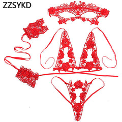 ZZSYKD Lace Sexy Bra Lingerie Femme Set Translucent Push Up Seamless Embroidery Bralette Open Bra Mask Handcuffs Underwear Set