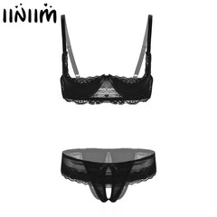 iiniim Femme Women Lace Transparent Sissy Lingerie Set Straps 1/4 Cup Unlined Shelf Bra with Crotchless Open Sexy Underwear