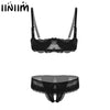 Image of iiniim Femme Women Lace Transparent Sissy Lingerie Set Straps 1/4 Cup Unlined Shelf Bra with Crotchless Open Sexy Underwear