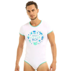 iiniim Mens Adult Baby & Diaper Lover Lingerie Bodysuit Bodystocking Crotch Front Printed Sissy Gay Male Bodysuit Romper Pajamas