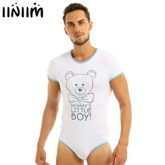 iiniim Mens Adult Baby & Diaper Lover Lingerie Bodysuit Bodystocking Crotch Front Printed Sissy Gay Male Bodysuit Romper Pajamas
