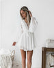 Image of new Girls White Summer Bohemian Mini Dress Women Fashion Spring Solid White Mini Lace Casual Clothes V-neck Long Sleeve Dresses
