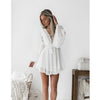 Image of new Girls White Summer Bohemian Mini Dress Women Fashion Spring Solid White Mini Lace Casual Clothes V-neck Long Sleeve Dresses