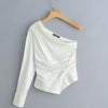 Image of new women fashion solid color one shoulder pleated Shirt blouses women irregular hem white roupas femininas chemise shirt LS3222