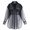 Image of new women sexy pocket decoration transparent mesh blouse long sleeve smock shirts leisure sunscreen chemise blusas tops LS3964